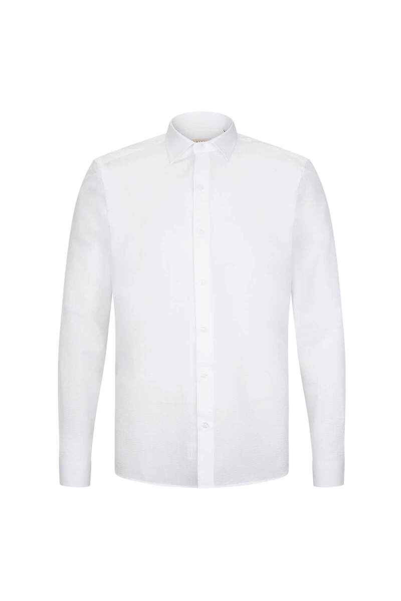 Beyaz Comfort Fit 100% Pamuk Slim Yaka Uzun Kollu Spor Gömlek - Saykı