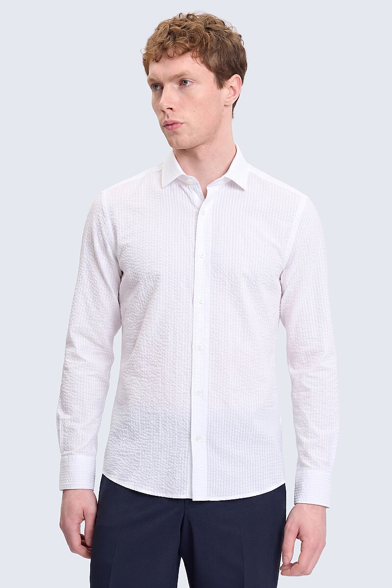 Beyaz Comfort Fit 100% Pamuk Slim Yaka Uzun Kollu Spor Gömlek