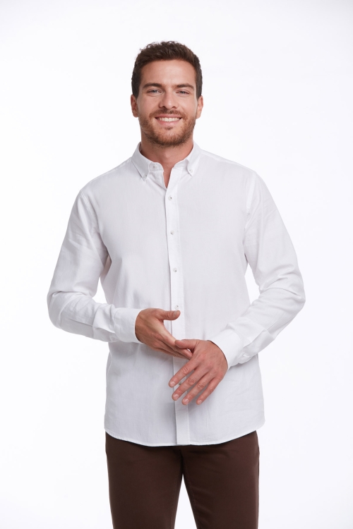 Beyaz Comfort Fit Düz 100% Pamuk Düğmeli Yaka Uzun Kollu Casual Oxford Gömlek - Thumbnail (1)