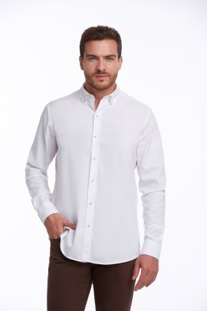 Beyaz Comfort Fit Düz 100% Pamuk Düğmeli Yaka Uzun Kollu Casual Oxford Gömlek - Thumbnail
