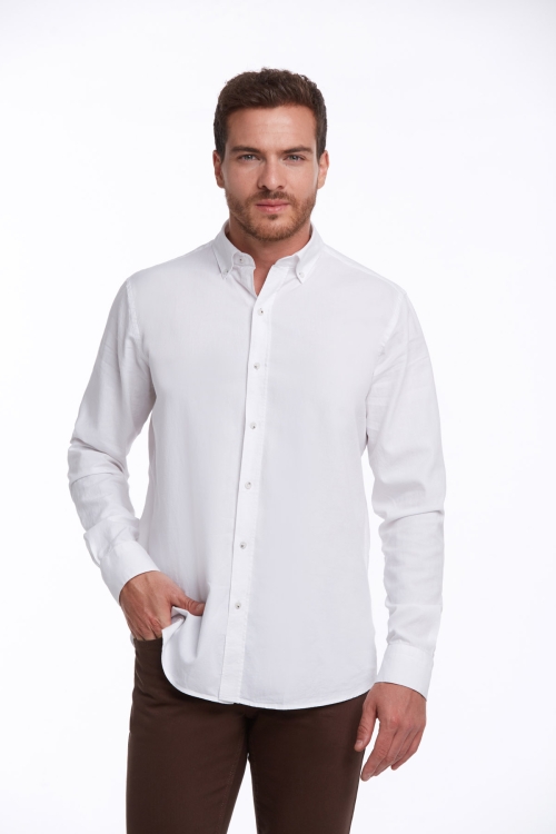 Beyaz Comfort Fit Düz 100% Pamuk Düğmeli Yaka Uzun Kollu Casual Oxford Gömlek - Thumbnail (2)