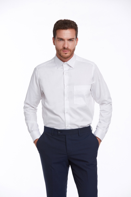 Hatem Saykı - Beyaz Comfort Fit Düz 100% Pamuk Slim Yaka Uzun Kollu Klasik Saten Gömlek