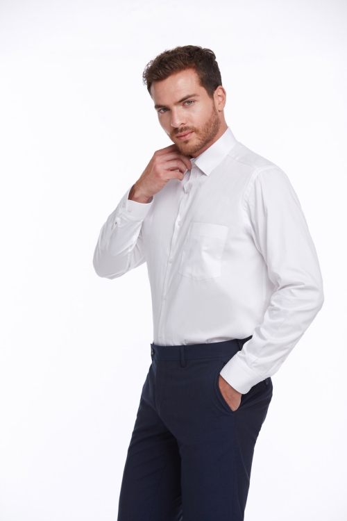 Beyaz Comfort Fit Düz 100% Pamuk Slim Yaka Uzun Kollu Klasik Saten Gömlek - Thumbnail (1)