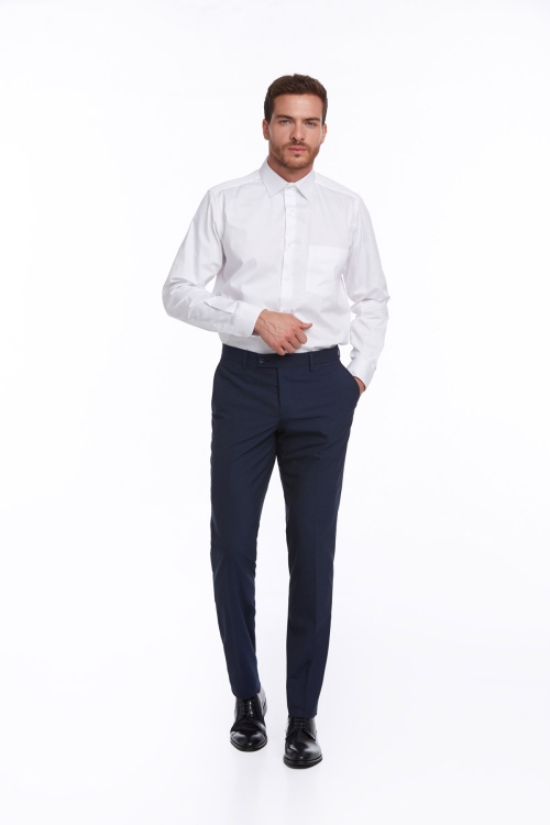 Beyaz Comfort Fit Düz 100% Pamuk Slim Yaka Uzun Kollu Klasik Saten Gömlek - Thumbnail (3)