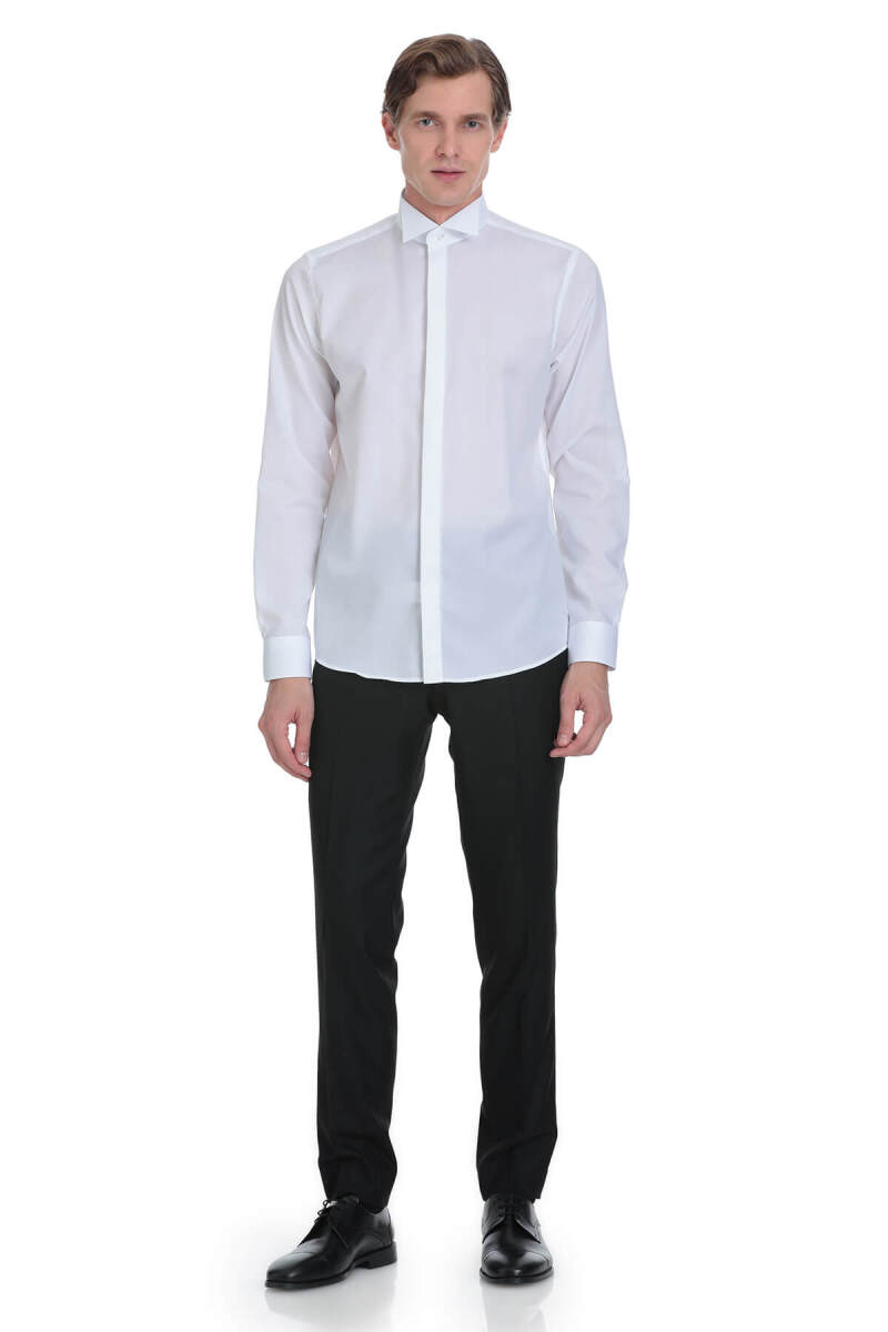 Beyaz Comfort Fit Ata Yaka 100% Pamuk Uzun Kollu Damatlık Gömlek - Saykı (1)