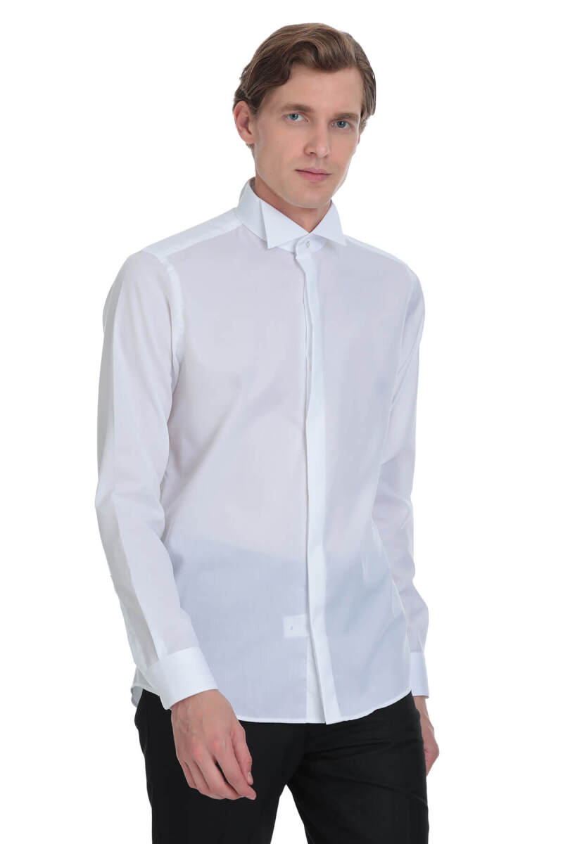 Beyaz Comfort Fit Ata Yaka 100% Pamuk Uzun Kollu Damatlık Gömlek - Saykı (1)