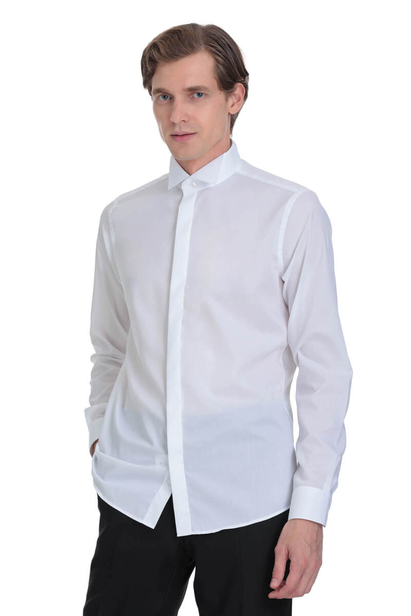 Beyaz Comfort Fit Ata Yaka 100% Pamuk Uzun Kollu Damatlık Gömlek - Saykı (1)