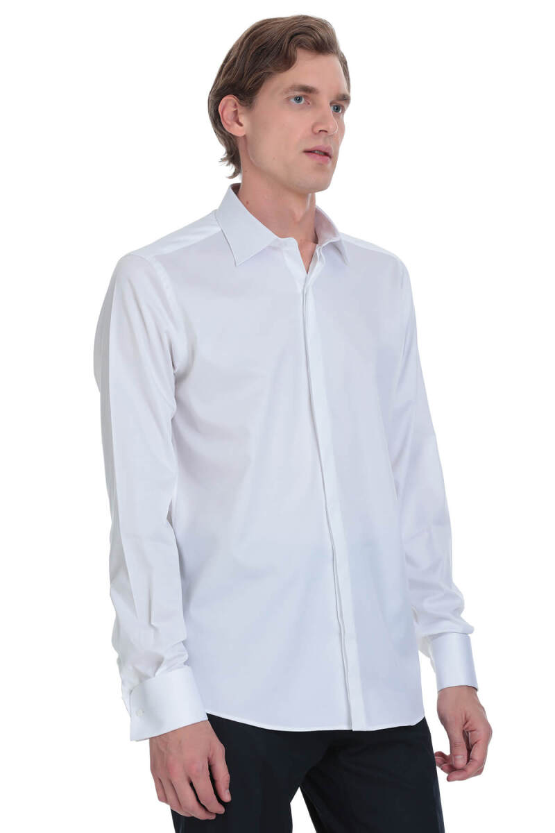 Beyaz Comfort Fit Ata Yaka Pamuklu Damatlık Gömlek
