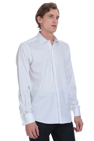 Beyaz Comfort Fit Ata Yaka Pamuklu Damatlık Gömlek - 5