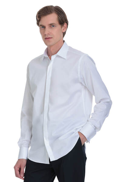 Beyaz Comfort Fit Ata Yaka Pamuklu Damatlık Gömlek - 3