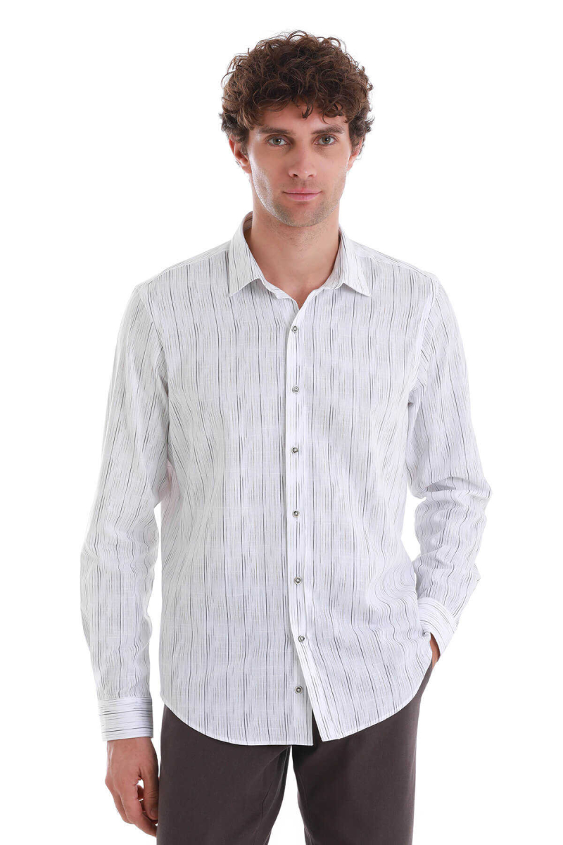 Beyaz Comfort Fit Baskılı Slim Yaka Uzun Kollu Spor Gömlek - Hatem Saykı