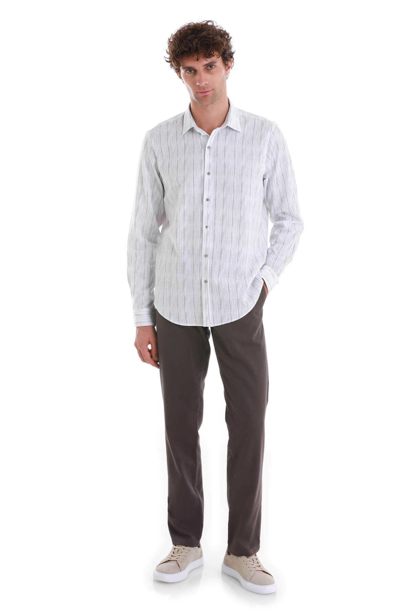 Beyaz Comfort Fit Baskılı Slim Yaka Uzun Kollu Spor Gömlek - Hatem Saykı (1)