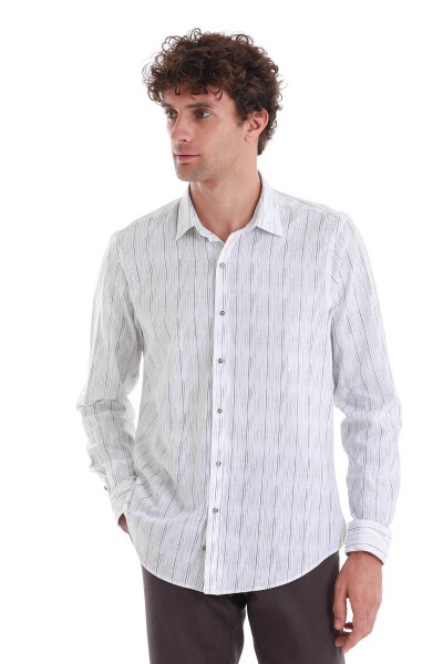 Beyaz Comfort Fit Baskılı Slim Yaka Uzun Kollu Spor Gömlek - 3