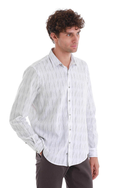 Beyaz Comfort Fit Baskılı Slim Yaka Uzun Kollu Spor Gömlek - 4