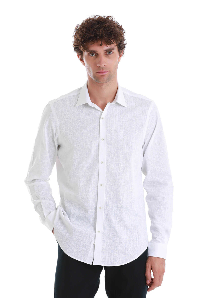 Beyaz Comfort Fit Baskılı Slim Yaka Uzun Kollu Spor Gömlek - Hatem Saykı