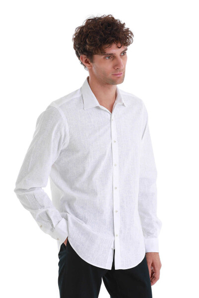 Beyaz Comfort Fit Baskılı Slim Yaka Uzun Kollu Spor Gömlek - 3