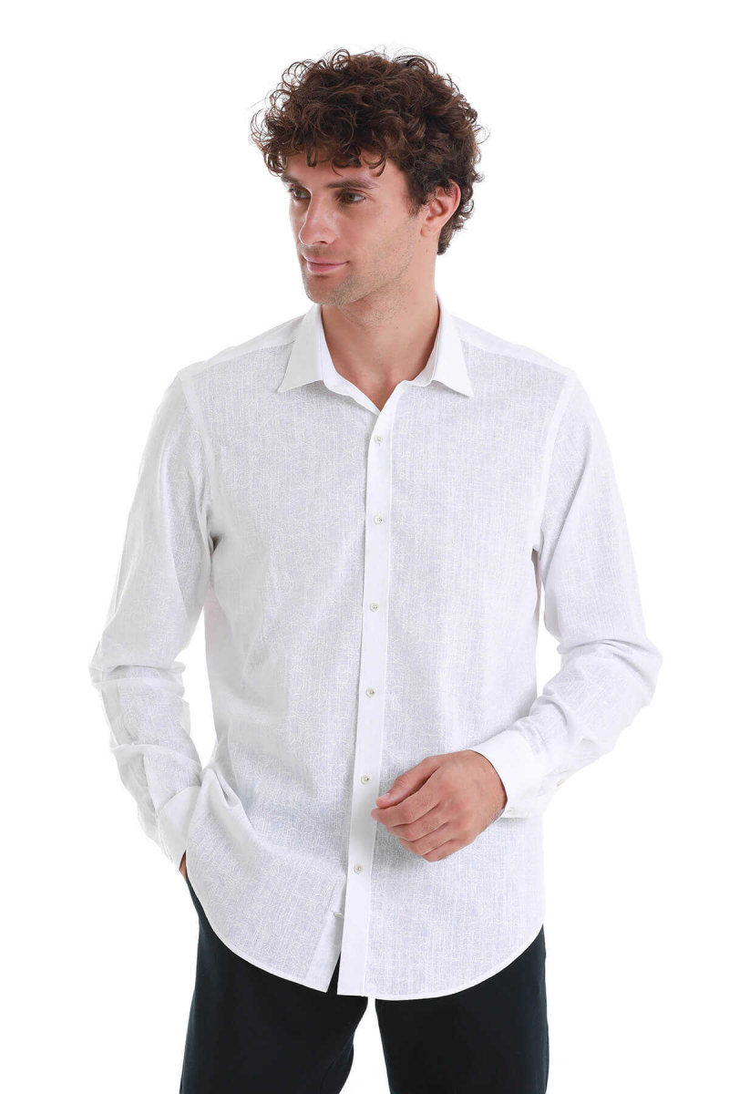 Beyaz Comfort Fit Baskılı Slim Yaka Uzun Kollu Spor Gömlek - Hatem Saykı (1)