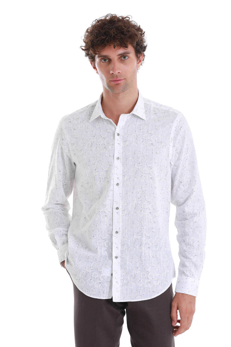 Beyaz Comfort Fit Baskılı Slim Yaka Uzun Kollu Spor Gömlek - Hatem Saykı