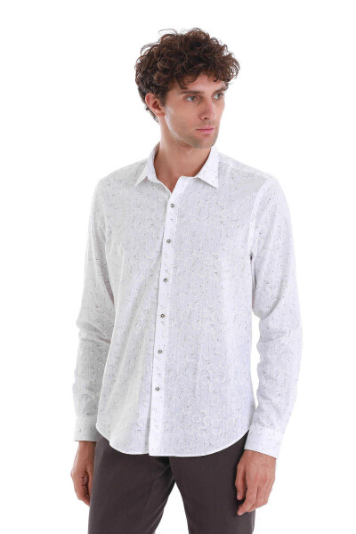 Beyaz Comfort Fit Baskılı Slim Yaka Uzun Kollu Spor Gömlek - 3