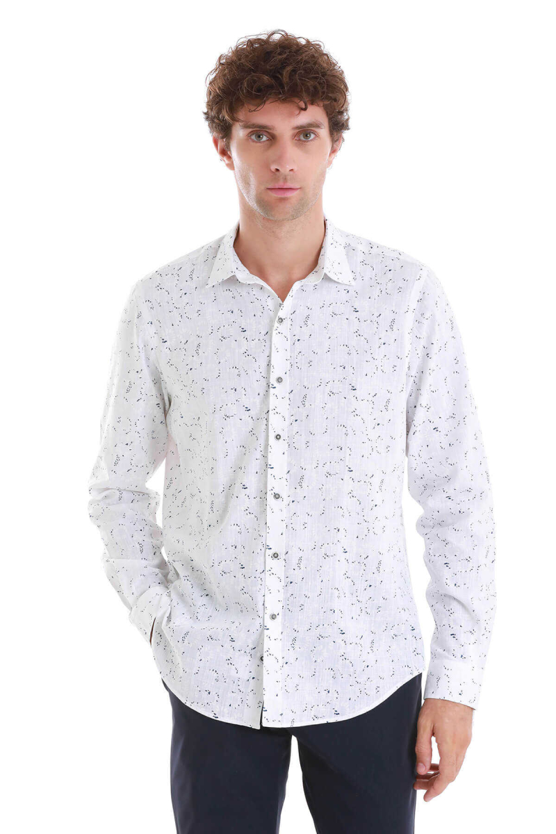 Beyaz Comfort Fit Baskılı Slim Yaka Uzun Kollu Spor Gömlek - Hatem Saykı