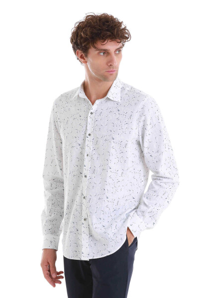 Beyaz Comfort Fit Baskılı Slim Yaka Uzun Kollu Spor Gömlek - 3