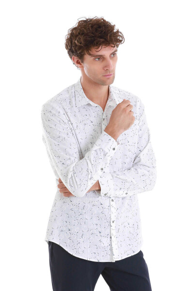 Beyaz Comfort Fit Baskılı Slim Yaka Uzun Kollu Spor Gömlek - 4