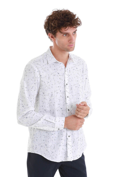 Beyaz Comfort Fit Baskılı Slim Yaka Uzun Kollu Spor Gömlek - 5