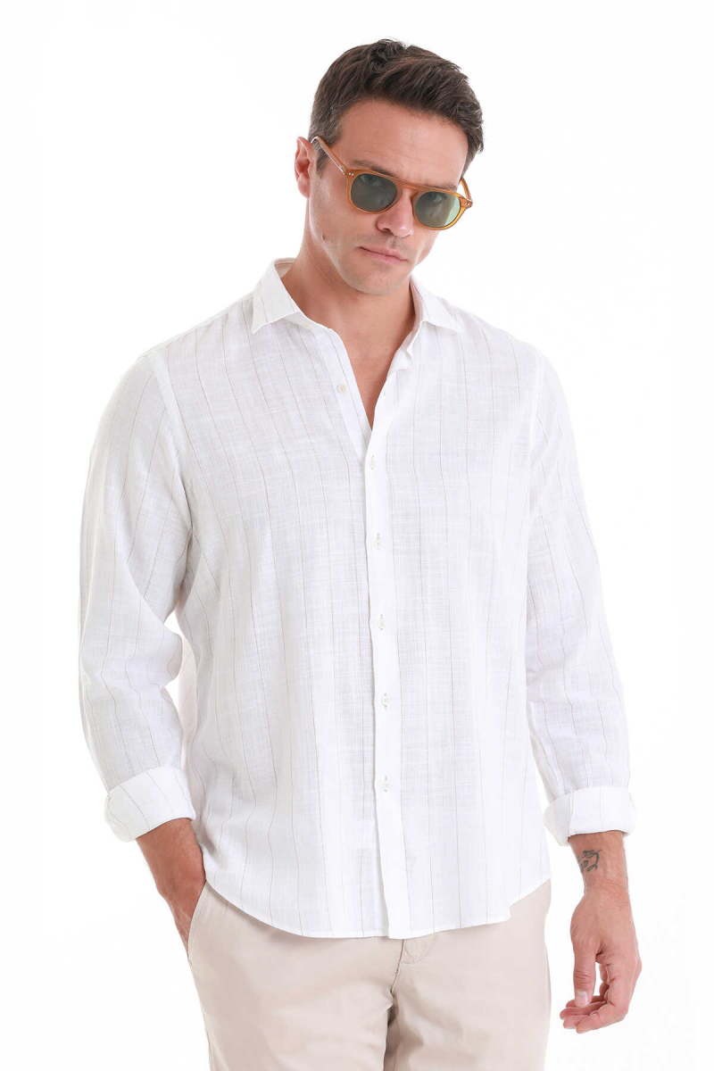 Beyaz Comfort Fit Çizgili 100% Pamuk Slim Yaka Uzun Kollu Gömlek - Hatem Saykı