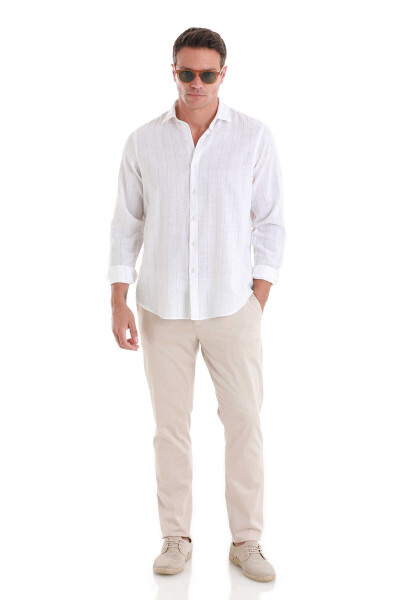 Beyaz Comfort Fit Çizgili 100% Pamuk Slim Yaka Uzun Kollu Gömlek - 2