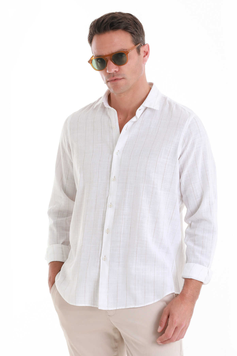 Beyaz Comfort Fit Çizgili 100% Pamuk Slim Yaka Uzun Kollu Gömlek - Hatem Saykı (1)