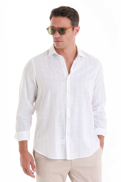 Beyaz Comfort Fit Çizgili 100% Pamuk Slim Yaka Uzun Kollu Gömlek - 4
