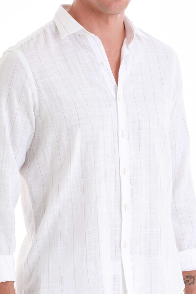 Beyaz Comfort Fit Çizgili 100% Pamuk Slim Yaka Uzun Kollu Gömlek - 5