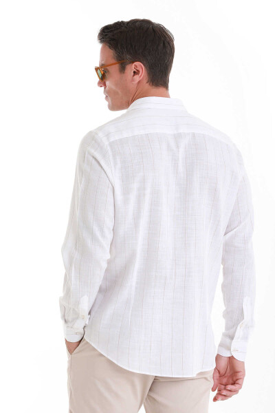 Beyaz Comfort Fit Çizgili 100% Pamuk Slim Yaka Uzun Kollu Gömlek - 6
