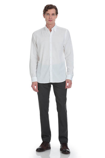 Beyaz Comfort Fit Çizgili Düğmeli Yaka 100% Pamuk Uzun Kollu Casual Gömlek - 2