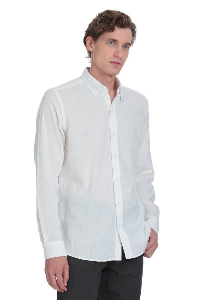 Beyaz Comfort Fit Çizgili Düğmeli Yaka 100% Pamuk Uzun Kollu Casual Gömlek - 3