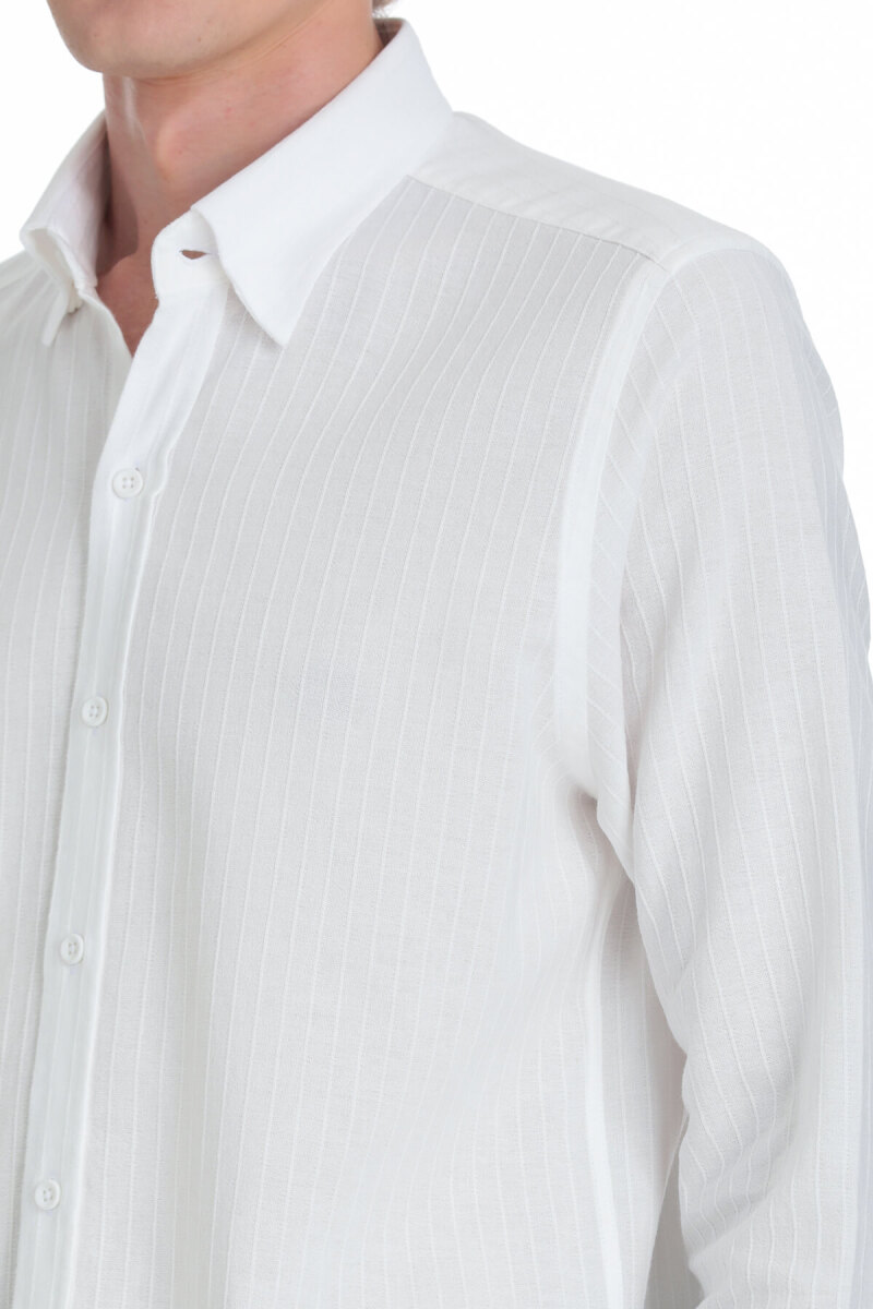 Beyaz Comfort Fit Çizgili Düğmeli Yaka 100% Pamuk Uzun Kollu Casual Gömlek - Saykı (1)