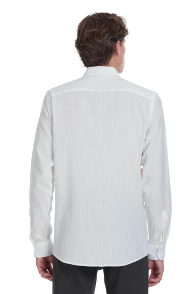 Beyaz Comfort Fit Çizgili Düğmeli Yaka 100% Pamuk Uzun Kollu Casual Gömlek - 5