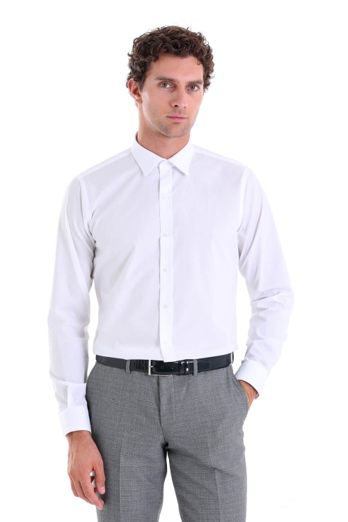 Hatem Saykı - Beyaz Comfort Fit Desenli 100% Pamuk Slim Yaka Uzun Kollu Casual Gömlek