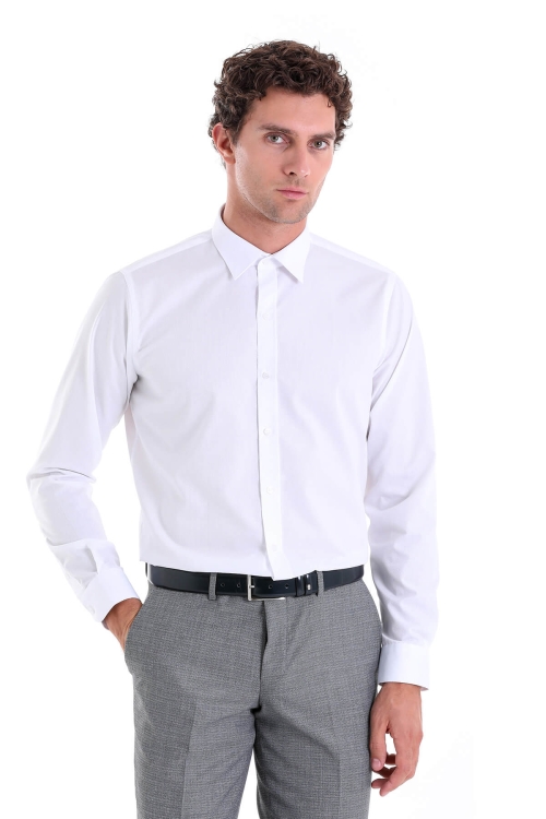 Beyaz Comfort Fit Desenli 100% Pamuk Slim Yaka Uzun Kollu Casual Gömlek - Thumbnail (2)