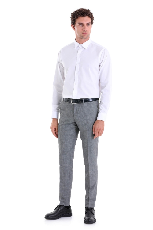 Beyaz Comfort Fit Desenli 100% Pamuk Slim Yaka Uzun Kollu Casual Gömlek - Thumbnail (3)