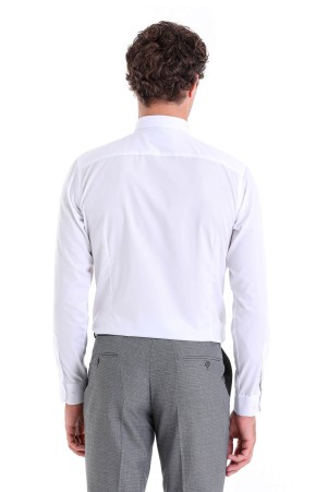 Beyaz Comfort Fit Desenli 100% Pamuk Slim Yaka Uzun Kollu Casual Gömlek - Thumbnail