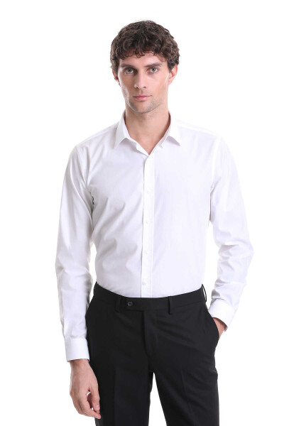 Beyaz Comfort Fit Desenli 100% Pamuk Slim Yaka Uzun Kollu Casual Gömlek 