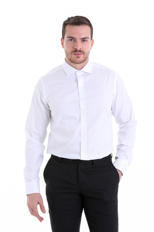 Hatem Saykı - Beyaz Comfort Fit Desenli 100% Pamuk Açık İtalyan Yaka Uzun Kollu Klasik Gömlek
