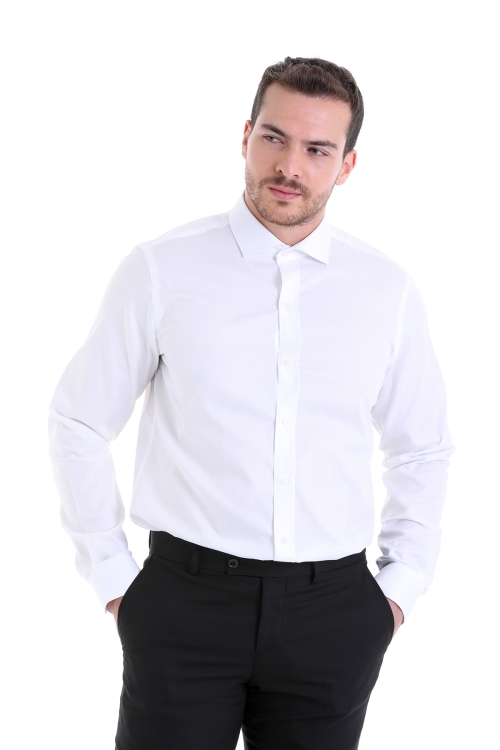 Beyaz Comfort Fit Desenli 100% Pamuk Açık İtalyan Yaka Uzun Kollu Klasik Gömlek - Thumbnail (1)