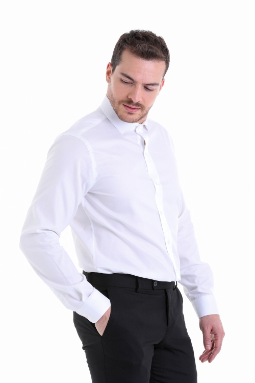 Beyaz Comfort Fit Desenli 100% Pamuk Açık İtalyan Yaka Uzun Kollu Klasik Gömlek - Thumbnail (2)
