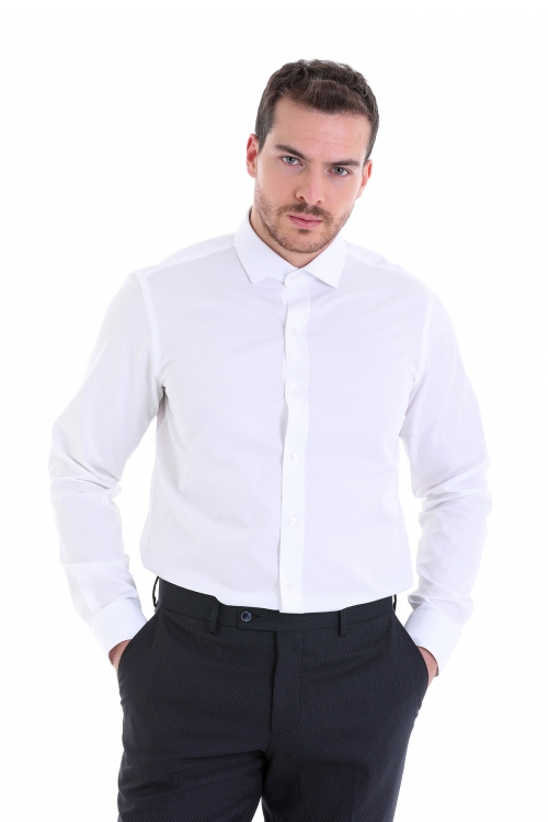 Hatem Saykı - Beyaz Comfort Fit Desenli 100% Pamuk Açık İtalyan Yaka Uzun Kollu Klasik Gömlek