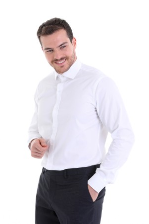 Beyaz Comfort Fit Desenli 100% Pamuk Açık İtalyan Yaka Uzun Kollu Klasik Gömlek - Thumbnail