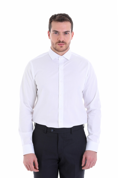 Beyaz Comfort Fit Desenli 100% Pamuk Açık İtalyan Yaka Uzun Kollu Klasik Gömlek - Thumbnail (3)