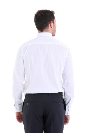 Beyaz Comfort Fit Desenli 100% Pamuk Açık İtalyan Yaka Uzun Kollu Klasik Gömlek - Thumbnail