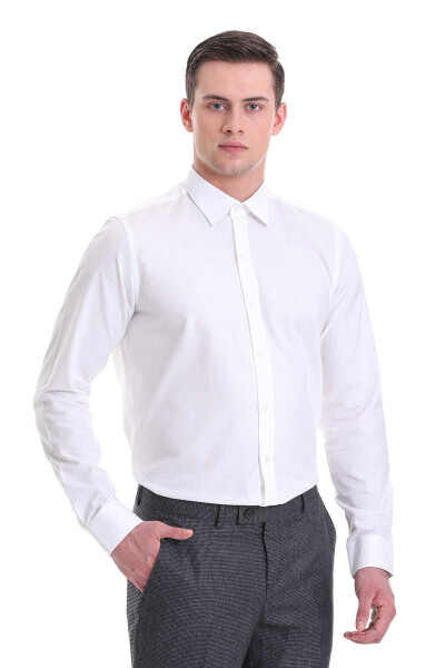 Beyaz Comfort Fit Desenli 100% Pamuklu Slim Yaka Uzun Kollu Klasik Gömlek - 1